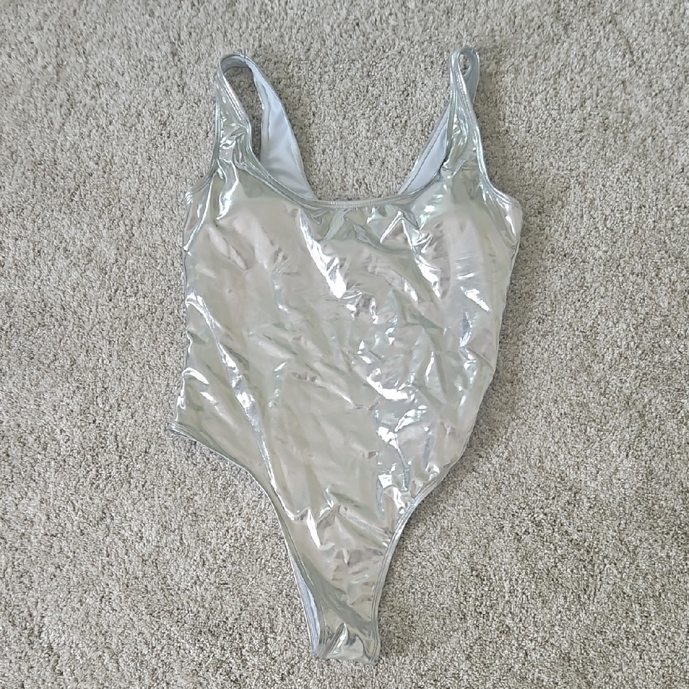 Silver Bodysuit One Piece with High-Cut Design